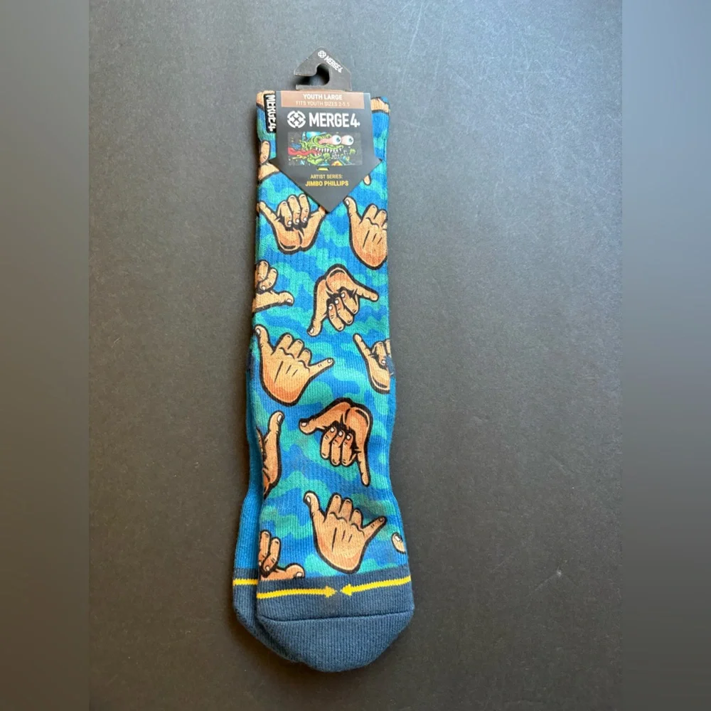 Merfe4 Vibrant Blue Socks with Tan hang loose Hand Design